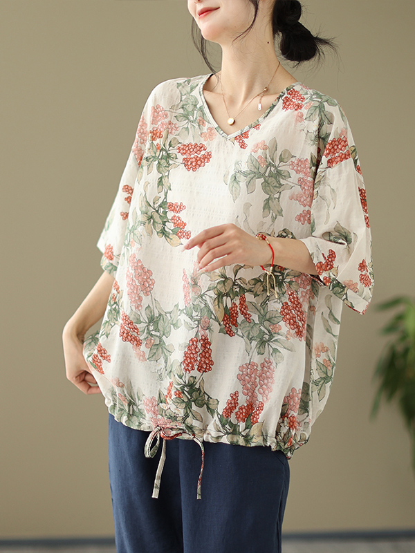 Short Linen Drawstring - تي شيرت صيفي فضفاض من القطن