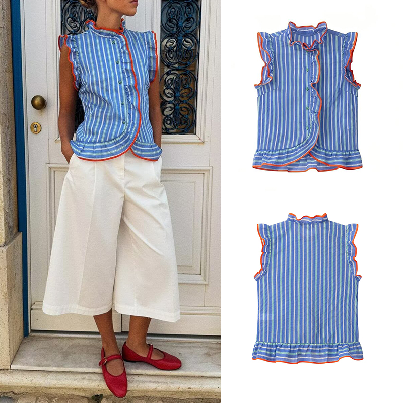 Shirt Camp Collar - قميص نسائي أزرق بدون أكمام بخطوط