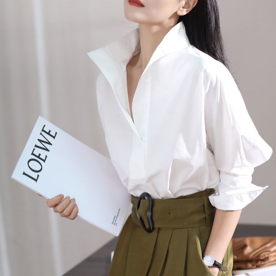 Shirt Camp Collar - قميص نسائي فضفاض بياقة عالية وأكمام