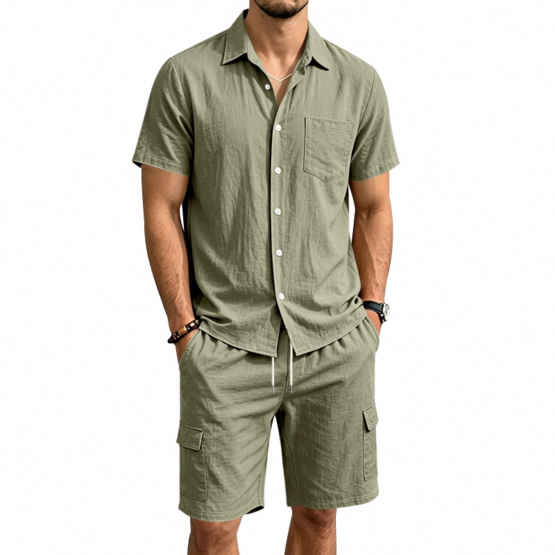 Short Linen Drawstring - طقم صيفي أمريكي للرجال من قطعتين: