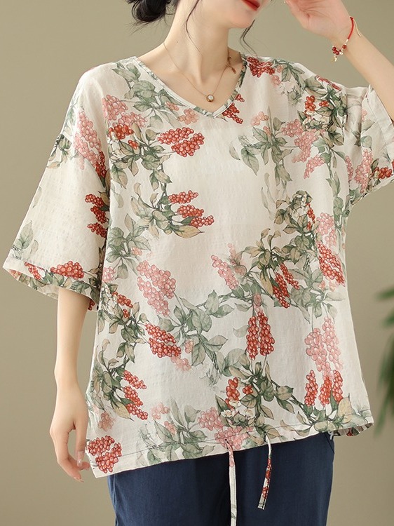 تي شيرت صيفي فضفاض من القطن وا - مراجعة Short Linen Drawstring وسعره