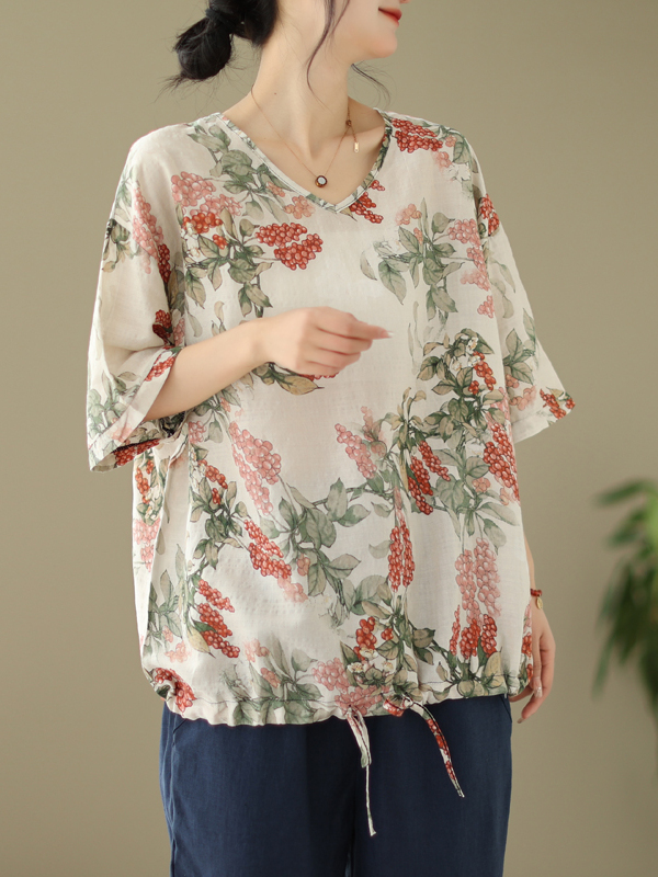 تي شيرت صيفي فضفاض من القطن وا - مراجعة Short Linen Drawstring وسعره